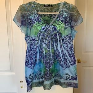 Apt 9 Blue, Purple & Green Sheer Sleeve Top Size M